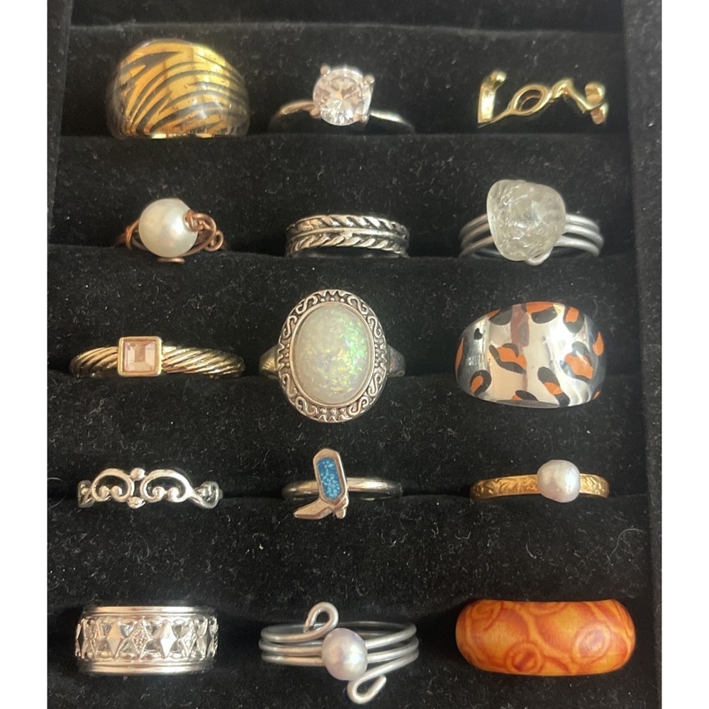Lot of 15 Costume Rings Beads Stones Gold Silver Tone #2